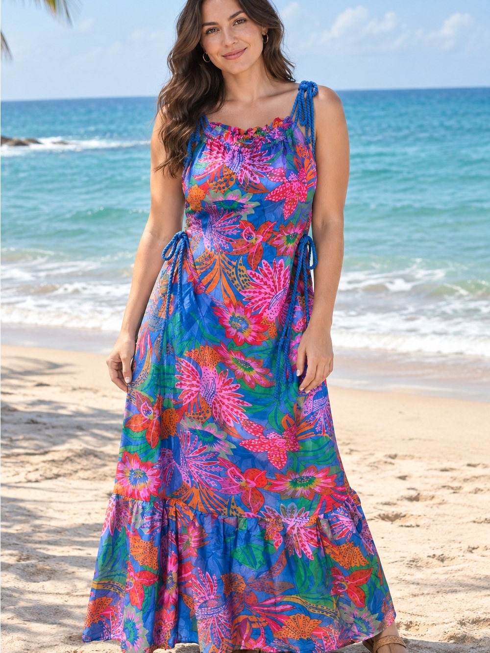 Sugarlips Blue Tropical Floral Tie-Shoulder Maxi Coverup